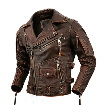 Мужская мотоциклетная куртка из натуральной кожи, верхний слой байкерской куртки из воловьей кожи, ретро мотокостюм, кожаная куртка большого размера с каменной фрезеровкой