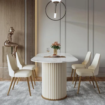 Овальный глянцевый обеденный стол из каменной доски, современный легкий Роскошный обеденный стол, стул, Большая вилла, Простая кухонная мебель в скандинавском стиле