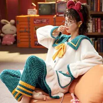 Женская бархатная пижама с высоким воротом, домашняя одежда из плотного Кораллового флиса с длинными рукавами и принтом Корейская мода